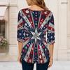 Women Plus Size Round Neck Three Quarter Sleeve Printed T Shirt Red Navy Silver Star Pattern Curved Hem