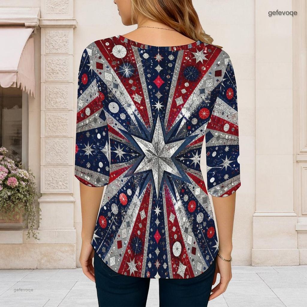 Women Plus Size Round Neck Three Quarter Sleeve Printed T Shirt Red Navy Silver Star Pattern Curved Hem