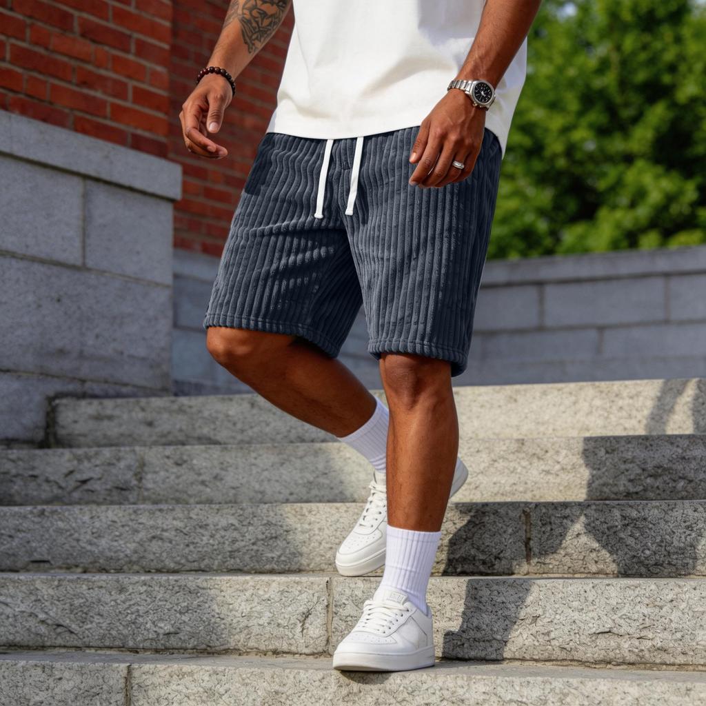 Mode Casual pour Hommes -Shorts en Velours Côtelé de Couleur Avec Broderie-, Shorts à Taille Élastique à Cordon de Serrage