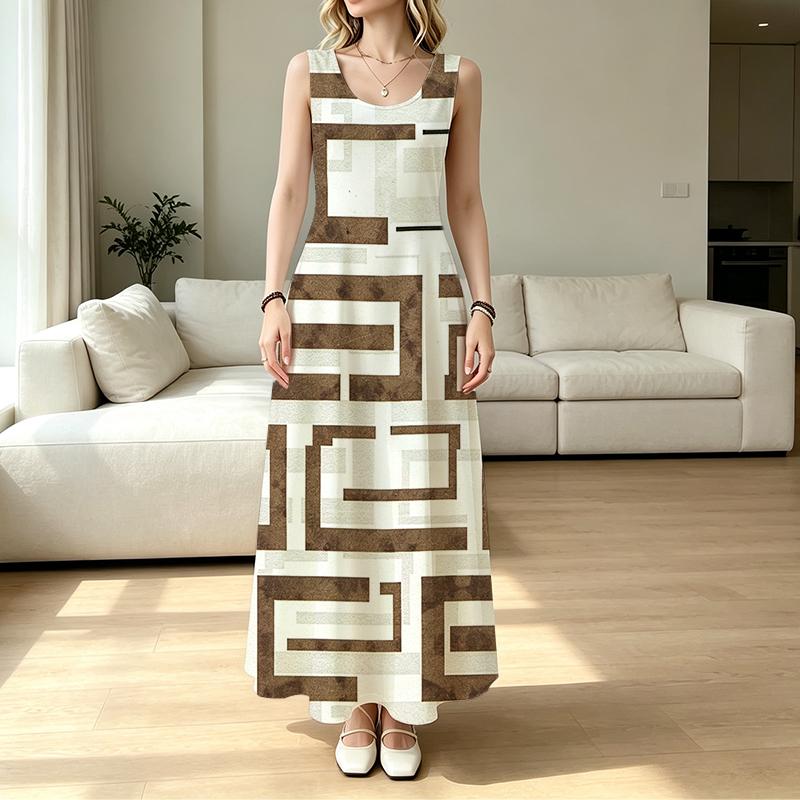 Women’s Sleeveless Maxi Dress Geometric Pattern,Loose Fit,Soft Fabric,Great for Home Casual & Daily Wear