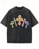 2026 new Washed Cotton Tshirt with Colorful Cross Print Casual Gothic Streetwear Top
