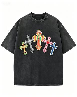 2026 new Washed Cotton Tshirt with Colorful Cross Print Casual Gothic Streetwear Top