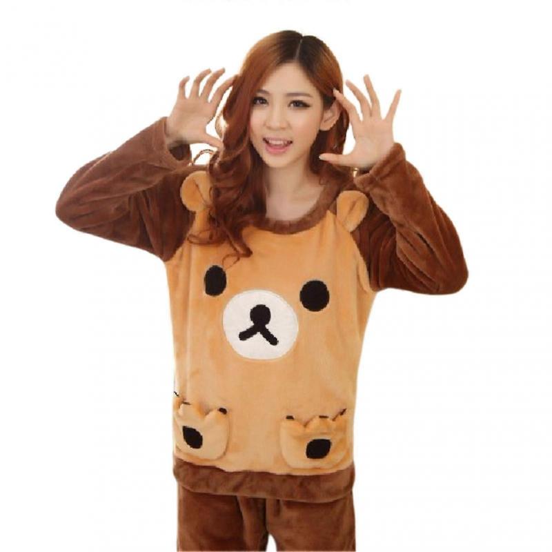 Winter Flannel Thick Pajama Set Adorable Bear Two-piece Sleepwear Set for Sleepwear Slumber Party