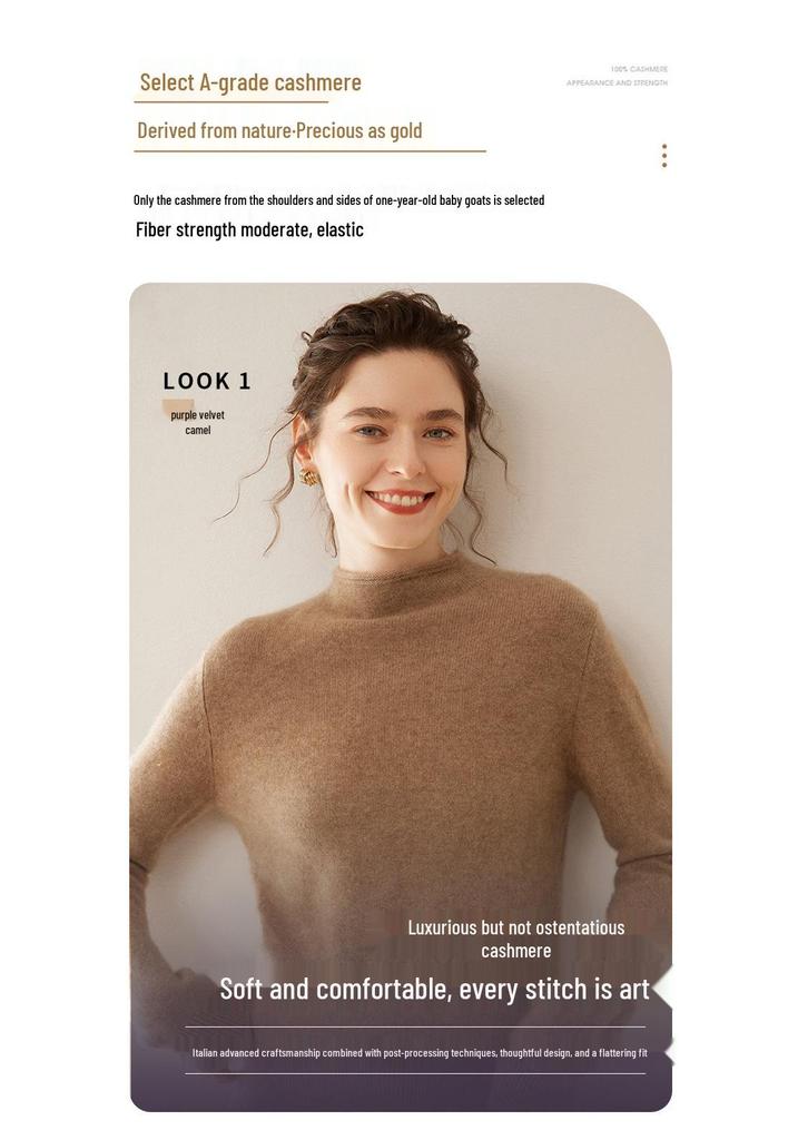 Women's Cashmere Rolled Hem Turtleneck Sweater: Pure, Double-Ply, Thick Knit, Short, Loose, Versatile Base Layer