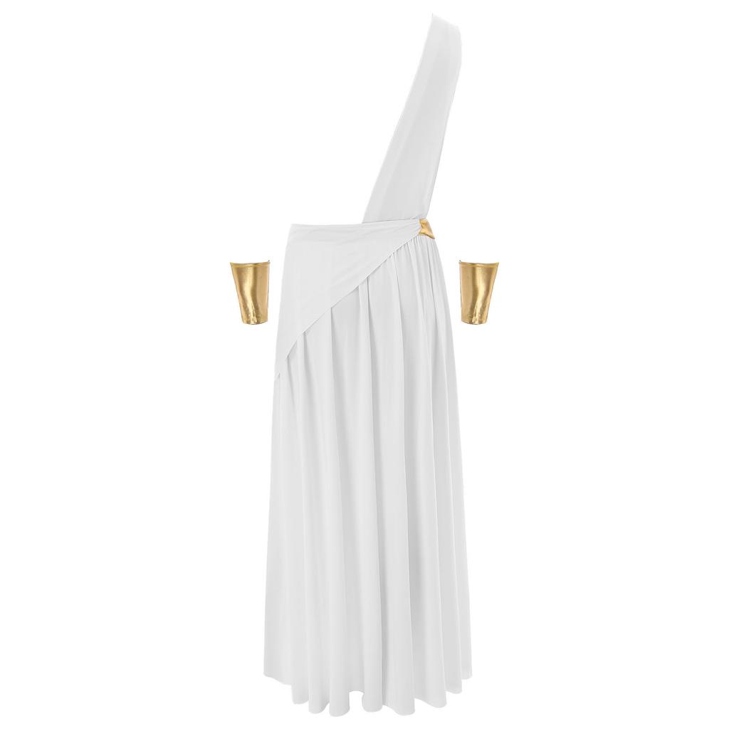 Mens Ancient Greek Warrior Costume Long Skirt One Shoulder Strap Wristbands Roman Toga Halloween Outfit