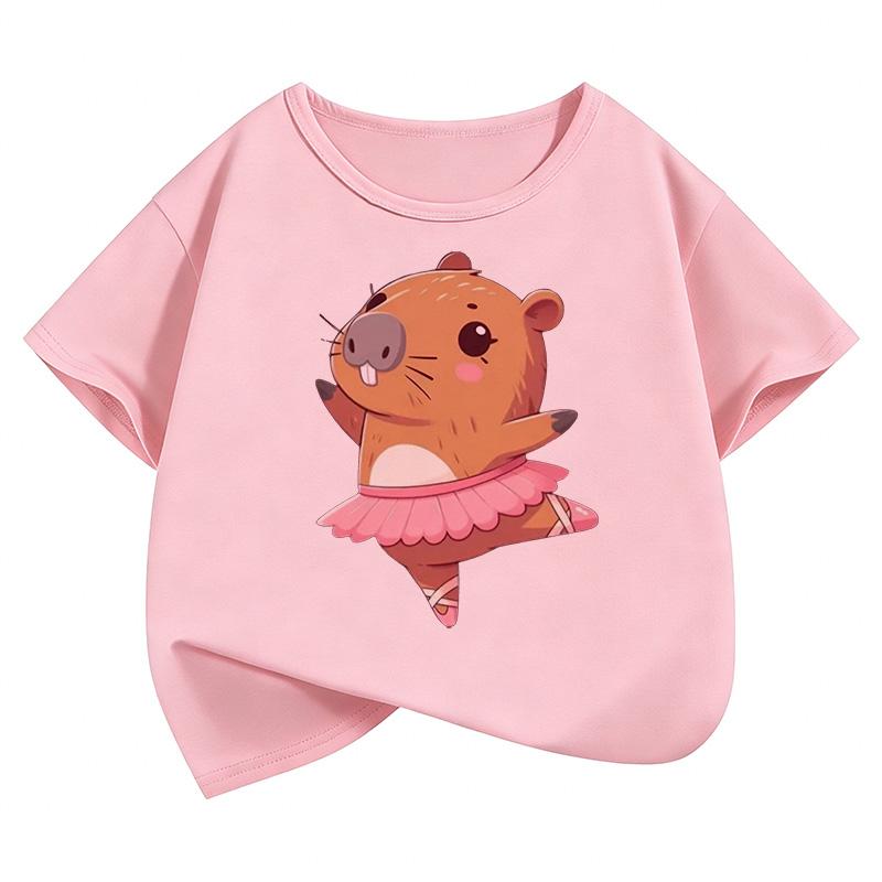 Kawaii Dacing Capybara Design T Shirts Manga Kids Childrens Tshirt Short Sleeve Boys Girls Summer Spring Casual Top Tee Shirt