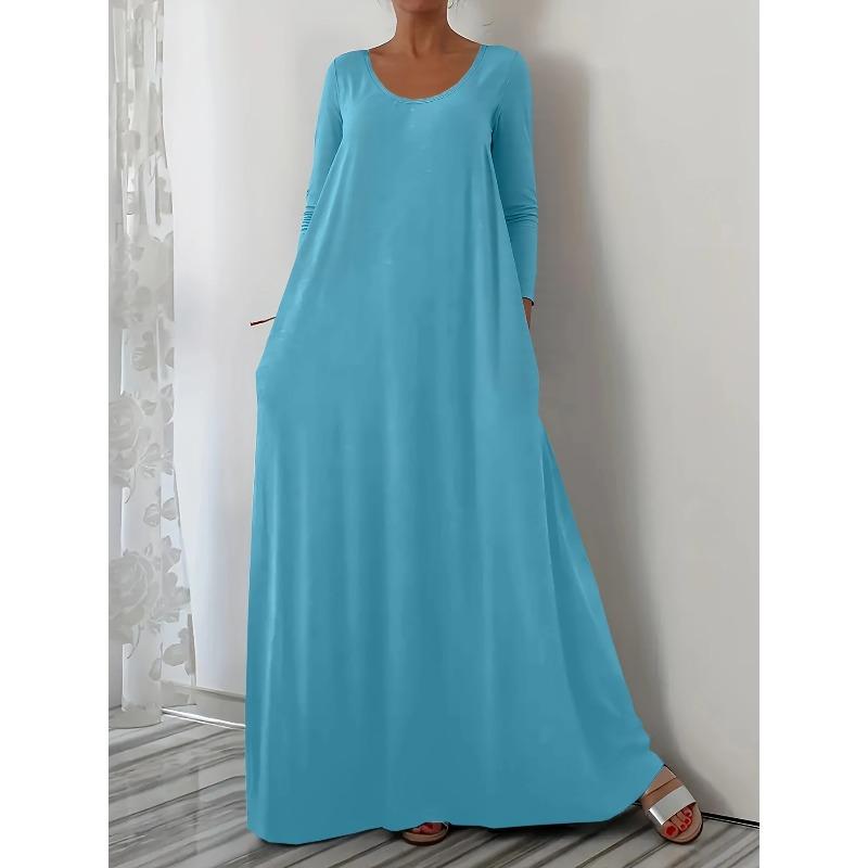 IHUASU Fashion Summer Spring Solid Color Print Long Sleeve O-Neck Casual Dresses