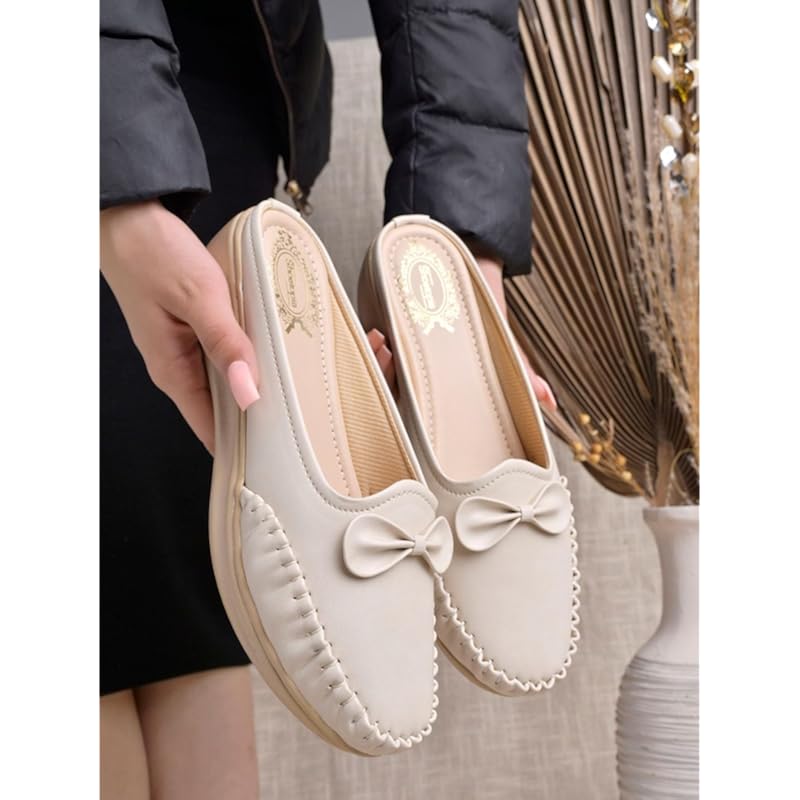 Shoetopia Stylish Comfortable Upper Bow Detailed Cream Slip-On Loafers For Girls-Eu40
