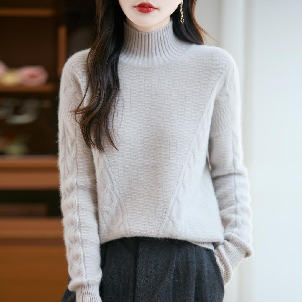 Women's 100% Pure Wool High Neck Cable Knit Sweater, Thickened Loose Fit, Autumn/Winter 2026 Style.