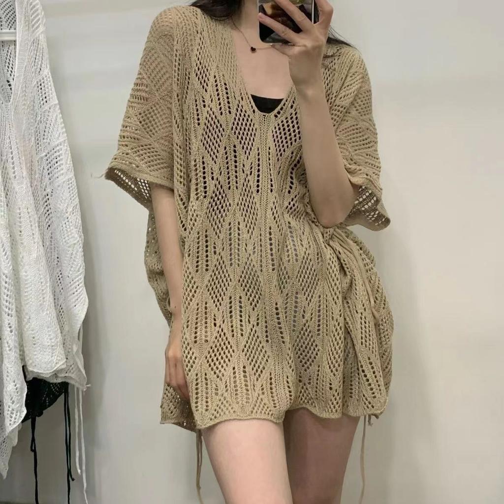 Women V-neck Hollow Short-sleeved Sweater Summer Loose Cover Up Tops Korean Style Pullover