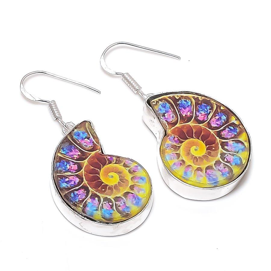 

Ископаемый аммонит Драгоценный камень Ювелирное изделие Серьга из стерлингового серебра 925 пробы 1,85