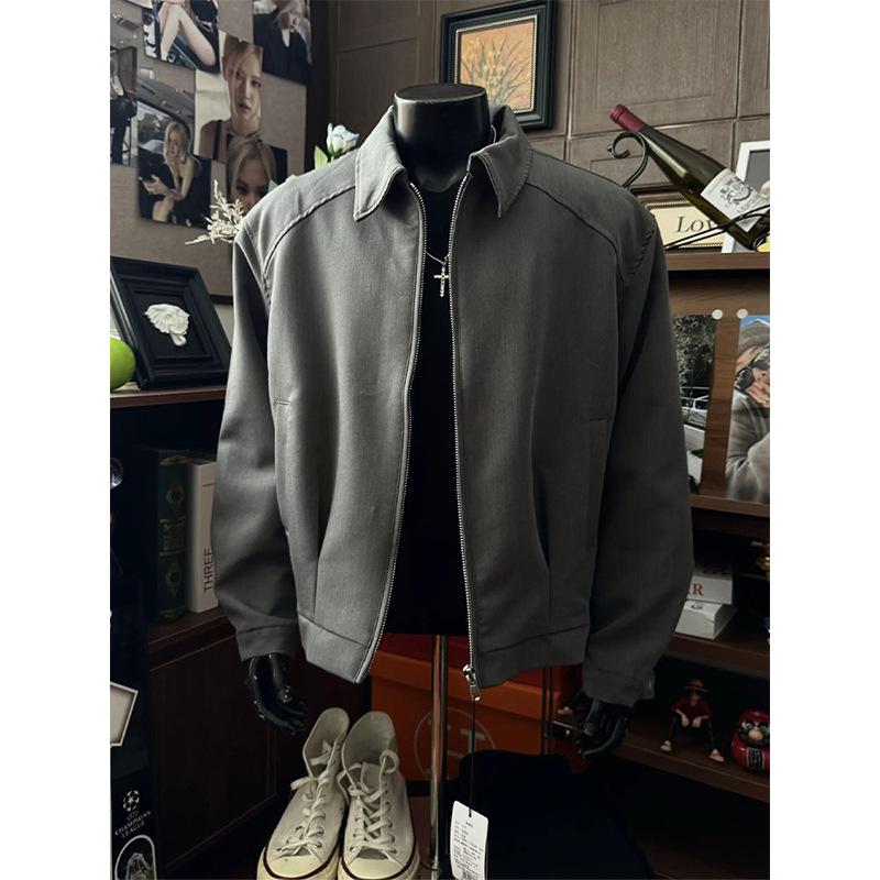 American Retro Gray Padded Shoulder Men's Boxy Baseball Jacket - Autumn Executive Style