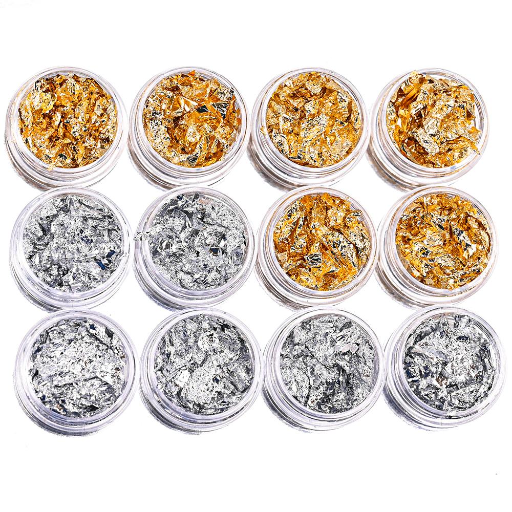 1-12pcs Aluminum Nail Flakes Foils Set Gold Silver Irregular Paillette Nail Art Sequins Decorations Glitter Sticker for Manicure
