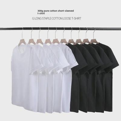 Unisex Black & White Short-Sleeve CVC Cotton T-Shirt - American Style, Loose Fit, Small Collar, Thick Fabric