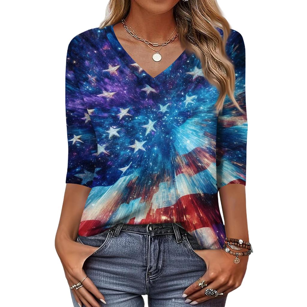Top alla moda vintage a maniche a 3/4 per donna, Maglietta a blusa casual da donna con stampa a maniche a tre quarti e scollo a V