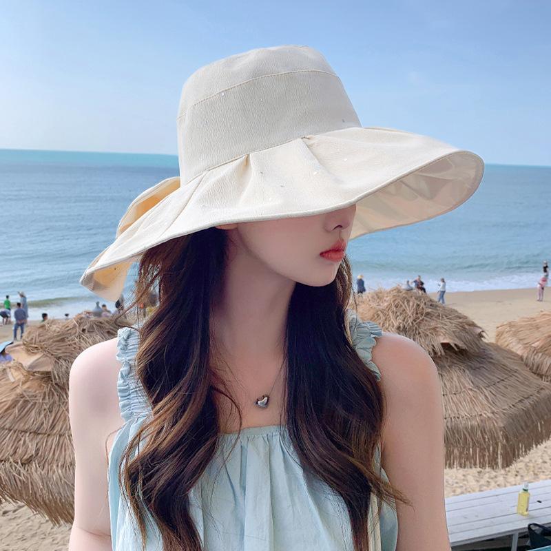 

New hat women s sequins bow colored glue sun protection sun hat summer big edge windproof sun hat One Size