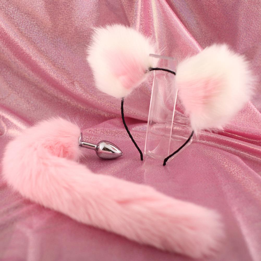 Cute Soft Cat Ears Headbands with 40cm Fox Tail Bow Metal Butt Anal Plug Erotic Cosplay Accessories Adult Sex Toys for Couples
