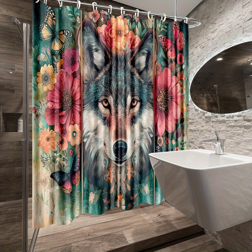 1Pc Vibrant Floral Wolf & Butterfly Shower Curtain - Polyester Fabric Bathroom Decor With 12 Hooks, 70.8X70.8 Inches, Machine