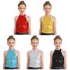 Kids Girls Sparkling Sequin Halter Crop Top Sleeveless Backless Tops for Cheerleading Jazz Dance Gymnastics