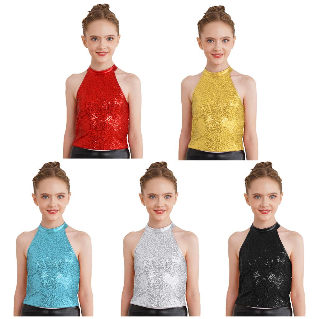 Kids Girls Sparkling Sequin Halter Crop Top Sleeveless Backless Tops for Cheerleading Jazz Dance Gymnastics