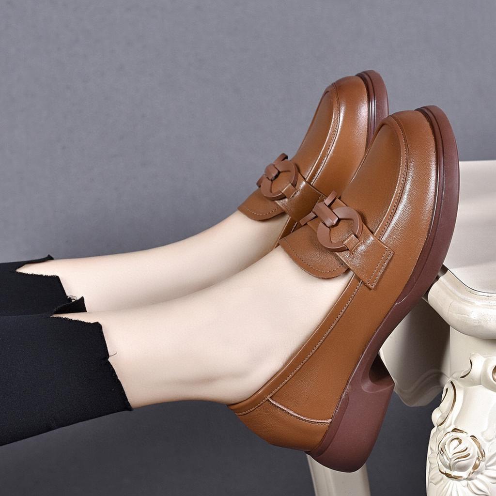 Flat Shoes Women's Shoes Autumn New Round Head Round Buckle Small Leather Shoes College Style First Layer Cowhide Comfortable Four Seasons Shoes
