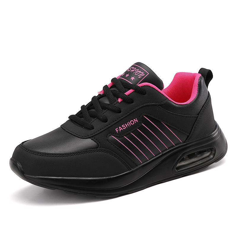 Women's Autumn Leather Sneakers Black Casual Shoes Woman Lace Up Flats Lightweight Anti-slip Black Running Shoes Outdoor Sports