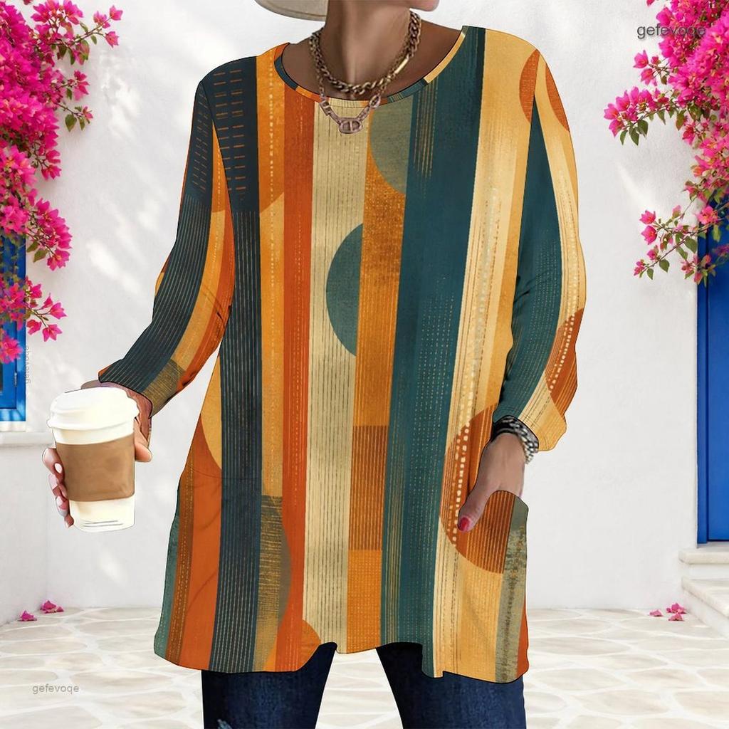 Women Plus Size Long Sleeve T Shirt Round Neck Colorful Printed Loose Longline Top With Pockets