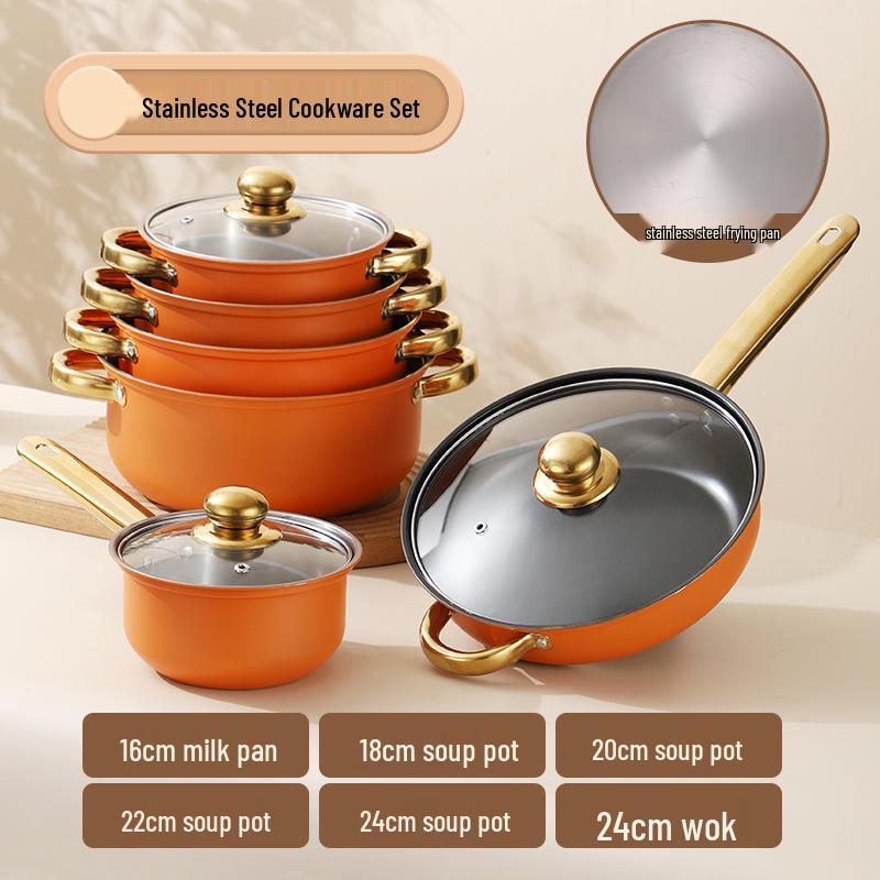 12dílná nepřilnavá sada nerezového nádobí se zlatě pokovenými rukojeťmi