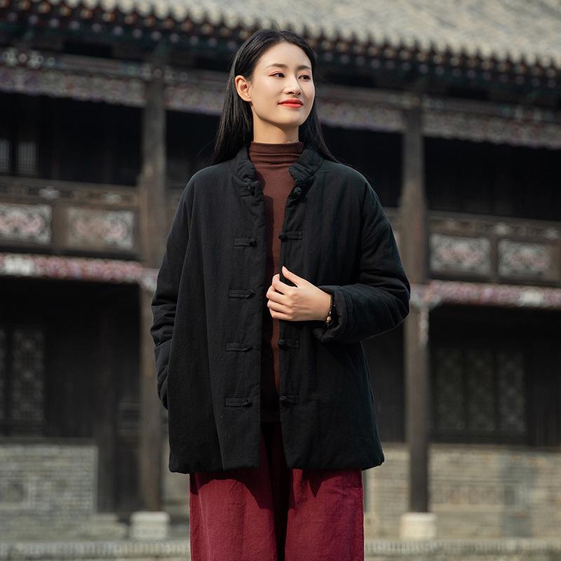 Winter Retro Chinese Cotton-Linen Women’s Coat - Solid Color, Stand Collar, Frog Button, Thickened Warm Jacket