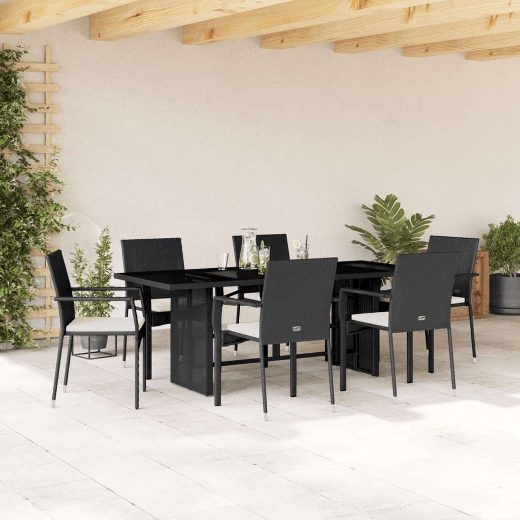 7 Piece Outdoor Dining Set with Cushions Black Poly Rattan