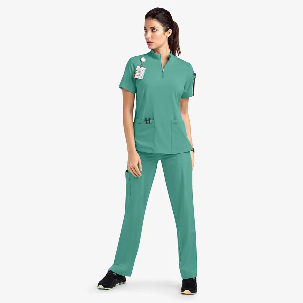 Short-sleeved Surgical Clothing Beauty Salon Nursing Clothing 2024 Summer Casual Stand-up Collar ZipperHospital Nurse Overalls