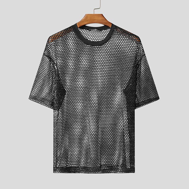 INCERUN Men O Neck Short Sleeve Mesh Sheer See Through Tops T-Shirts