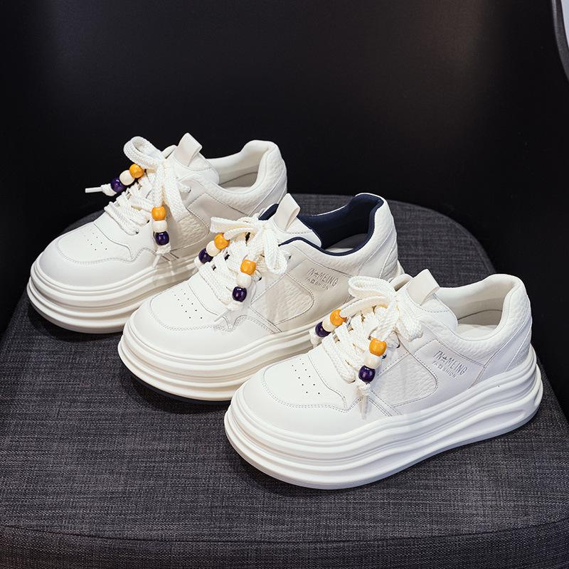 Women's 7cm Thick Sole White Lace-Up Sneakers - Height-Boosting Platform Athletic Shoes
