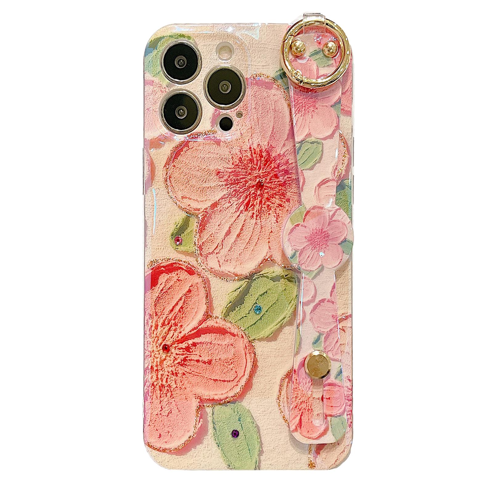 

For iPhone 16 Pro Max Case with Strap Kickstand,Shoulder Lanyard Floral Pattern IMD TPU Phone Cover Peach Blossom