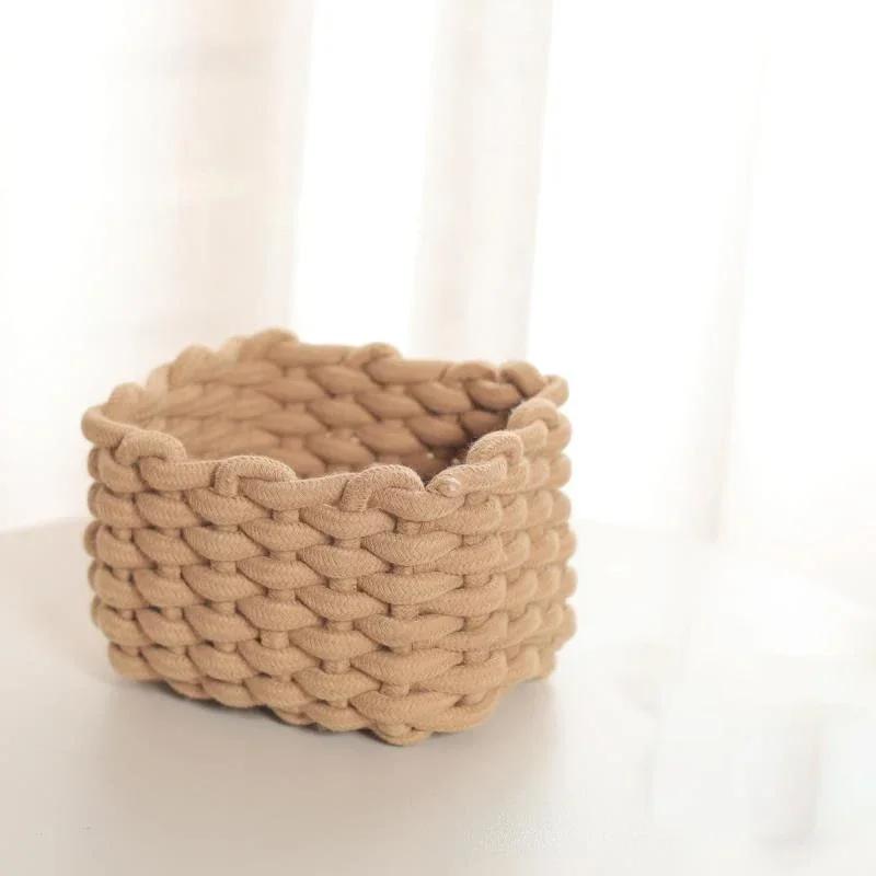 Cotton Rope Woven Storage Basket with Handle Sundries Cosmetic Storage Box Toys Snack Desktop Makeup Organizer Cotton Baskets
