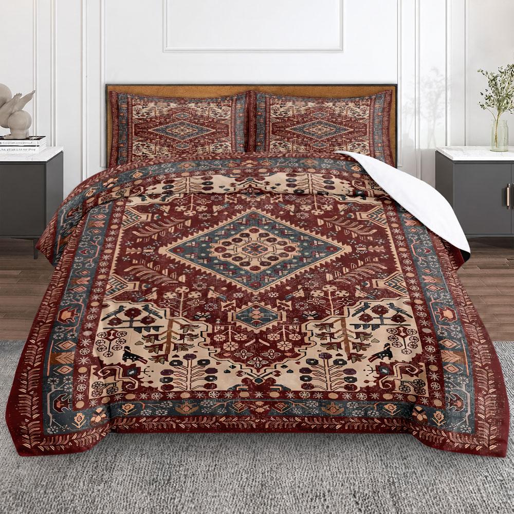 Vintage Persian Oriental Rug Pattern Red 3-Piece Bedding Set, Easy Care Duvet Cover Set, Complete Bedding Set with Pillowcases