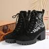 Women's Plus-Size Block Heel Embroidery Lace-Up Combat Boots - 2025 Autumn/Winter New, Wide Calf, Fashion Casual, Wholesale