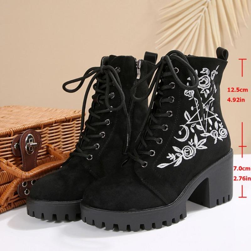 Women's Plus-Size Block Heel Embroidery Lace-Up Combat Boots - 2025 Autumn/Winter New, Wide Calf, Fashion Casual, Wholesale