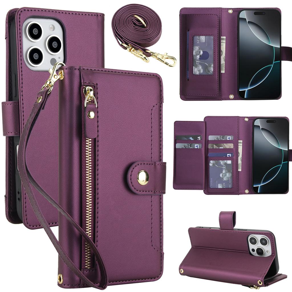 Zipper Leather Wallet Flip Case For iPhone 17 Pro Max 16 15 14 13 12 11 16E 16Plus Luxury RFID Stand Book Long Lanyard Bag Cover