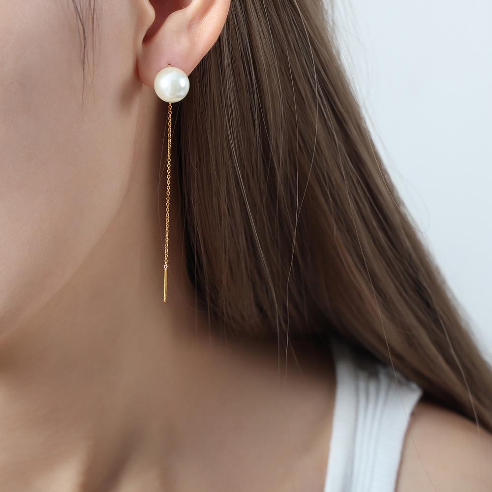 18K Gold Pearl Pendant Threader Earrings - European & American Style.