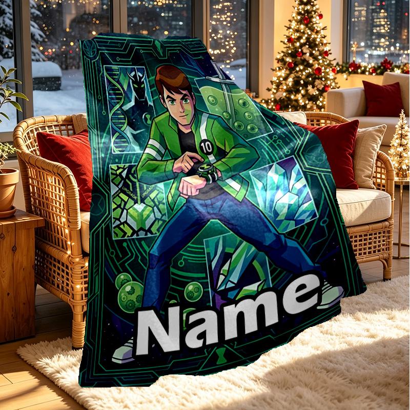 Custom Name Personalized Ben 10 Cartoon Print Blanket, Home Decor, Bedroom, Sofa, Camping, Couch, Gifts for Birthday ChristmasEnthusiasts