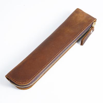 Custom Logo Crazy Horse Genuine Cowhide Leather Vintage Style Pencil Pen Bag Holder Case Pouch Sleeve