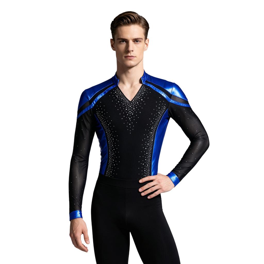 Sparkly Metallic Patchwork V Neck Bodysuit for Men Mesh Long Sleeve Rhinestone Leotard for Latin Ballet Figure Skating Gymnastics Training