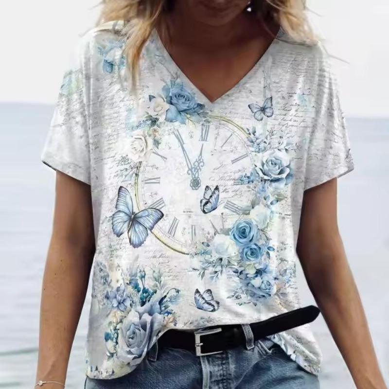 Tricou de damă cu imprimeu 3D, cu litere, cu mânecă scurtă, zilnic, de sfârşit de săptămână, tricou de bază pentru fete, cu decolteu în V, îmbrăcăminte pentru femei, topuri de vară supradimensionate