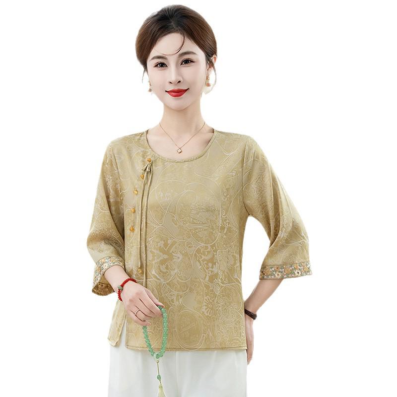 2026 Spring/Summer Women's Retro Jacquard Round Neck Five-Point Sleeve Top