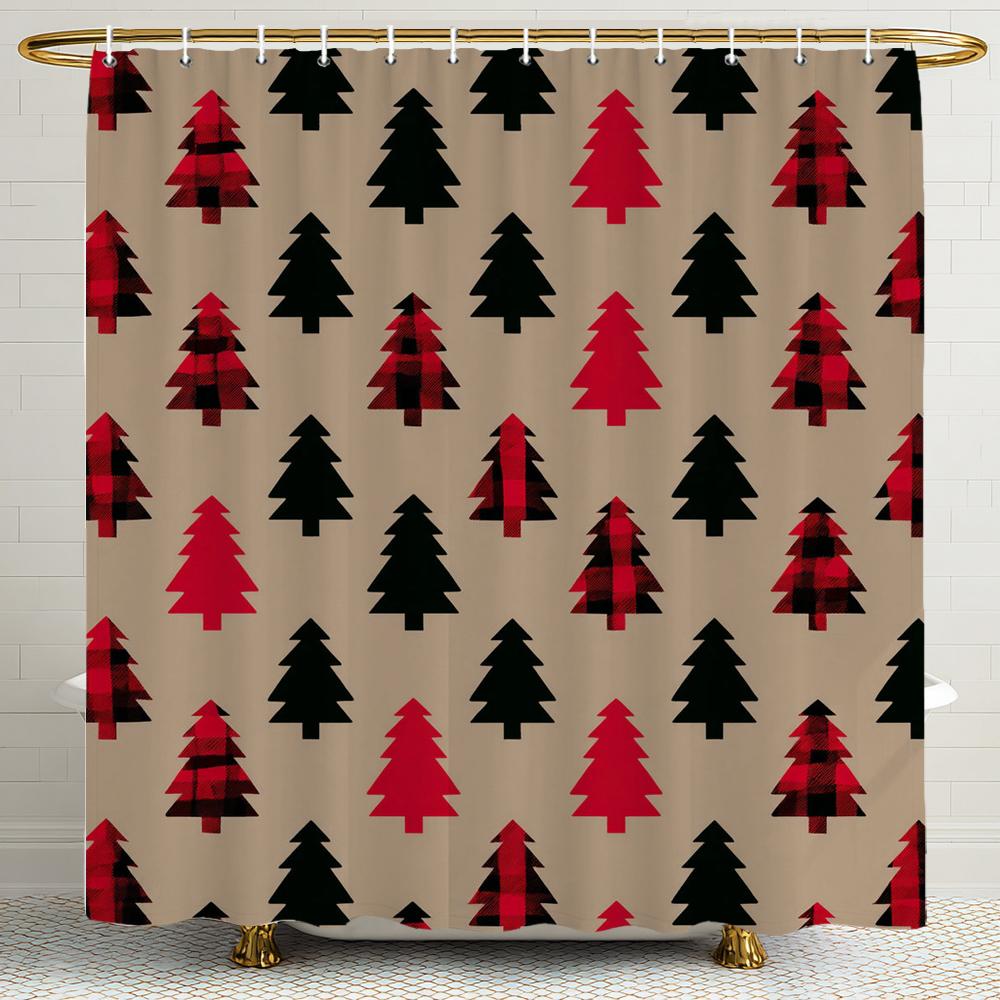 Merry Christmas Cartoon Shower Curtain, Bathroom Decorative Shower Curtain, Printed Christmas Tree Shower Curtain with Hooks