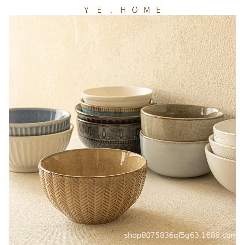 One Person Food Noodle Bowl Big Collection Ceramic Household Bowl Retro Practical Soup Bowl Vegetable Bowl Tableware Round Instant Noodle Bowl