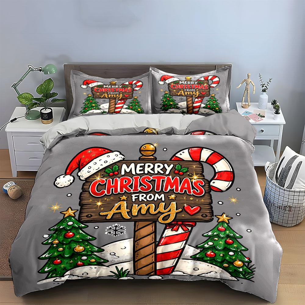 Merry Christmas Sign Design Bedding Duvet Cover Set Duvet Cover Pillowcases  (1*Duvet Cover 2*Pillowcases, Without Duvet Insert)