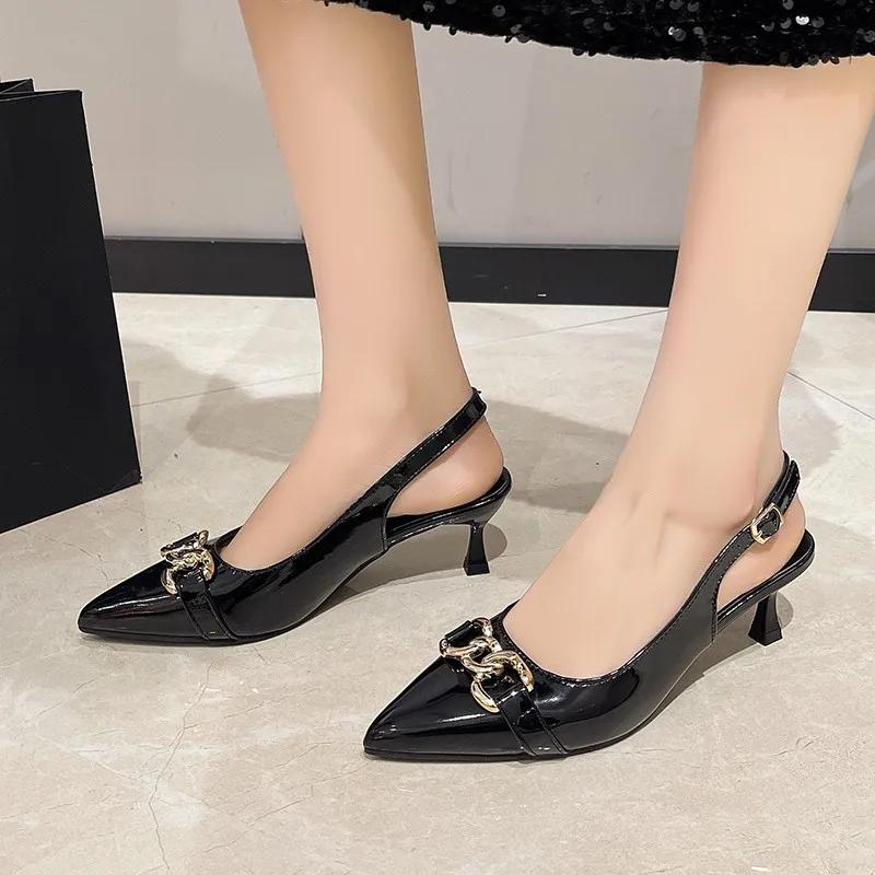 

Fashion French Style Sexy Pointed Toe High Heel Sandals Women s Metal Chain Buckle Thin Heel Slip-On Shoes Summer Women Party Pumps 35 чёрный