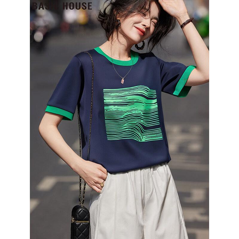 Basic House Women s Color Block Printed Round Neck T-Shirt 2XL
